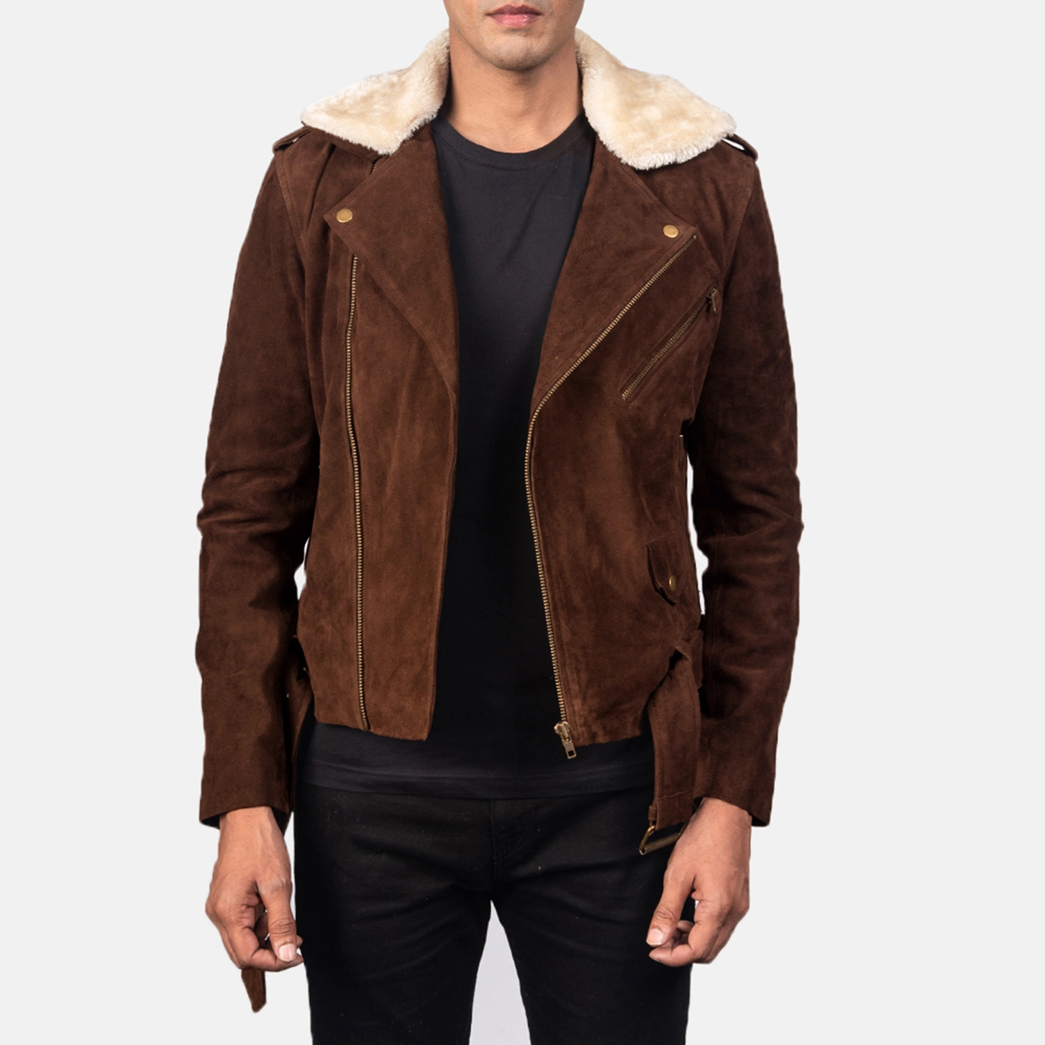Mens Furton Mocha Suede Biker Jacket Open Front-4-1720536337704